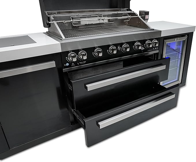 Mont Alpi MAi805-BSSFC 44-inch 6-Burner 115000 BTU Black Stainless Steel Gas Outdoor Kitchen Bar Island Grill w/Wine Cooler Beverage Center Refrigerator + Infrared Side Burner + Granite Countertop