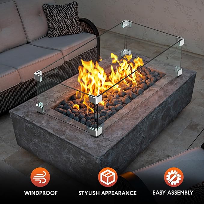 Skyflame 24 x 12 Inches Rectangular Fire Pit Glass Wind Guard Replacement for Outdoor