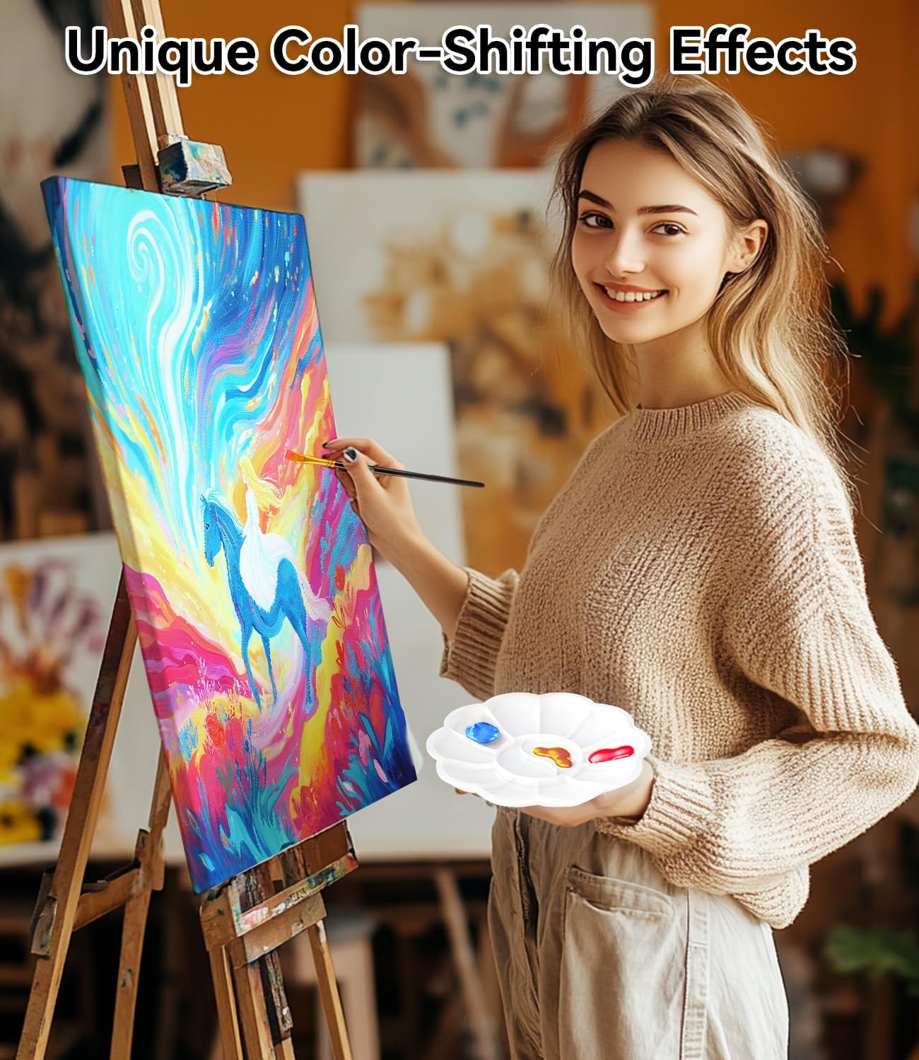 64 PCS Iridescent Acrylic Paint Set with 12 Brushes, 2 Knives & Palette, 48 Colors (2oz/60ml) Art Craft Paint for Adults Kids Artists Beginners, Halloween Pumpkin Canvas Ceramic Rock Painting Kit