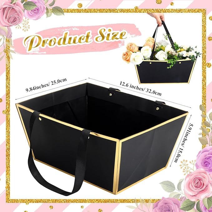 Pinkunn 48 Pcs Basket for Gifts Empty DIY Bulk Gift Basket Kit with Handles Kraft Cardboard Tray for Wedding Baby Shower Graduation Party Anniversary Party Display(Black Gold)