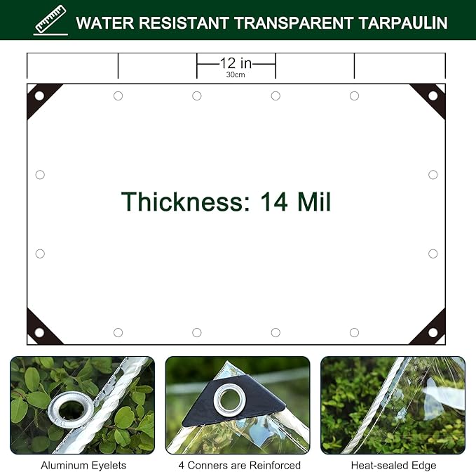 Clear Tarp with Grommets,6x8ft Transparent Heavy Duty Water Resistant Tarp Cover with Reinforced Edge,14Mil Thickened Tear Resistant PVC Vinyl Tarpaulin Enclosure for Patio,Porch and Outdoor