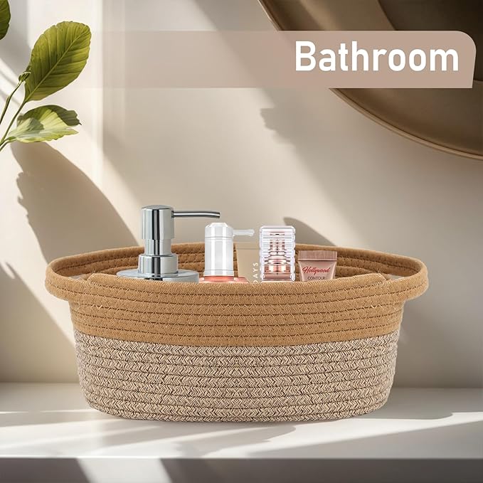 Woven Basket,Small Rope Storage Bin with Handles & Ribbon Bag, Organizer for Shelves Closets,Gift Basket Empty for Birthday,Books,Dog Toys, Jute&Brown