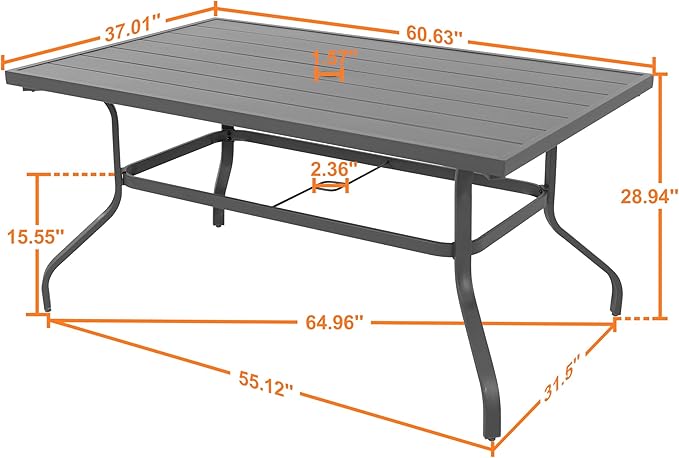NUU GARDEN Outdoor 61" x 37" Rectangle Dining Table with 1.57" Umbrella Hole, 6-Person Steel Slat Outdoor Patio Table, for Patio, Garden, Backyard and Balcony, Gray