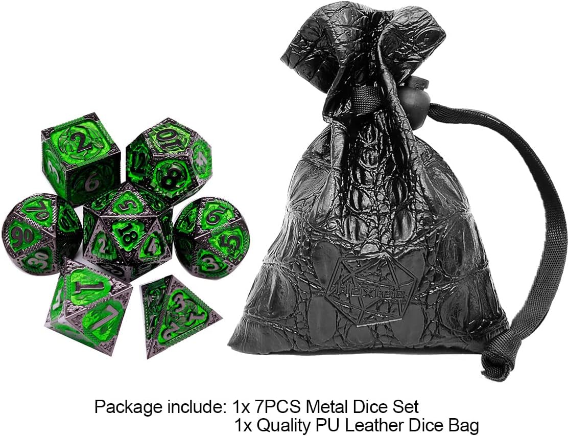 Haxtec Metal Dice Set Green Black Dragon Pattern Metal DND Dice with Leather Dice Bag Polyhedral D&D Dice Compatible with Dungeons and Dragons TTRPG Gifts