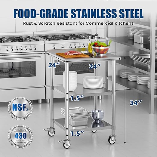 Stainless Steel Work Table with Wheels, 24x24 Inch NSF Food Prep Table with Backsplash & 2 Adjustable Undershelves for Commercial Kitchen, Restaurant, Garage