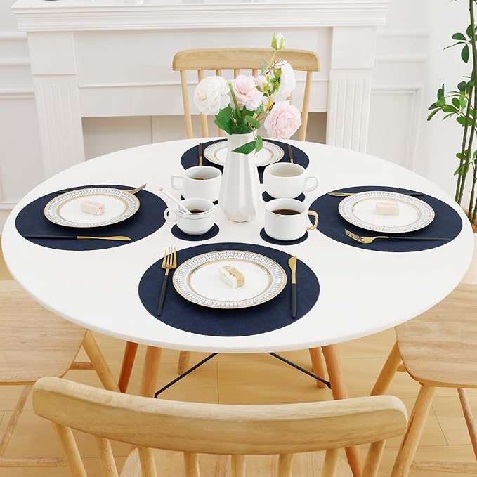 Homaxy Round Faux Leather Placemats and Coasters, Washable Dual-Side Table Mats, Wipeable Heat-Resistant Dining Place Mats for Outdoor and Indoor, Set of 6, Diameter 13 and 3.93 inch, Navy Blue