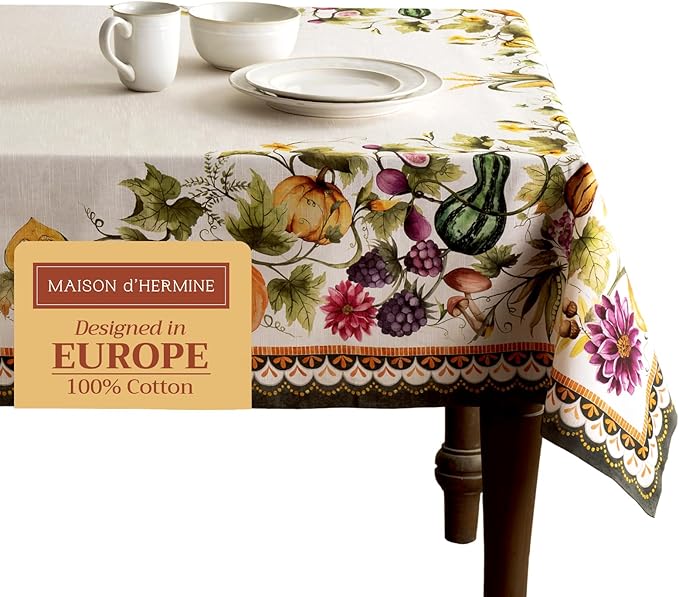 Maison d' Hermine Table Cloth Rectangle Table 100% Cotton 70 x 120 Inches Fall Tablecloth Reusable Everyday Use for Thanksgiving Christmas Decorations Dining Farmhouse (Pumpkin Garden - Cloudy Cream)