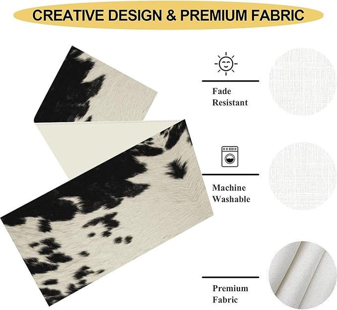 Cow Print Table Runner, Black Cowhide Print Western Style Table Runner Country Farmhouse Cottage Cow Pattern Linen Table Decoration for Home Kitchen Dining 13x108