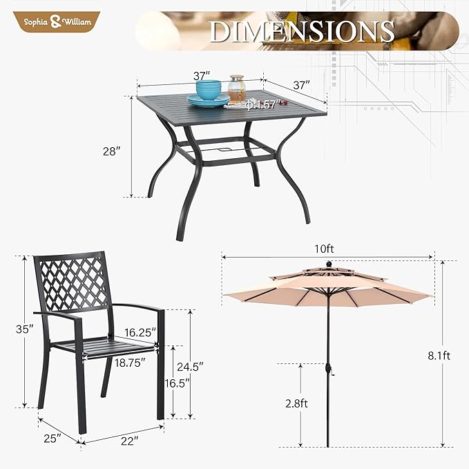 Sophia & William Metal Outdoor Patio Dining Set 6 PCS with 10ft 3 Tier Auto-tilt Umbrella(Beige), 4 x Metal Outdoor Chairs, 1 x Square 37"x 37" Dining Table and 1 Patio Umbrella