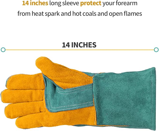 Leather Welding Gloves - Thick Premium Cow Split Leather, Heat Resistant, Welding, Grilling, BBQ & Fireplace