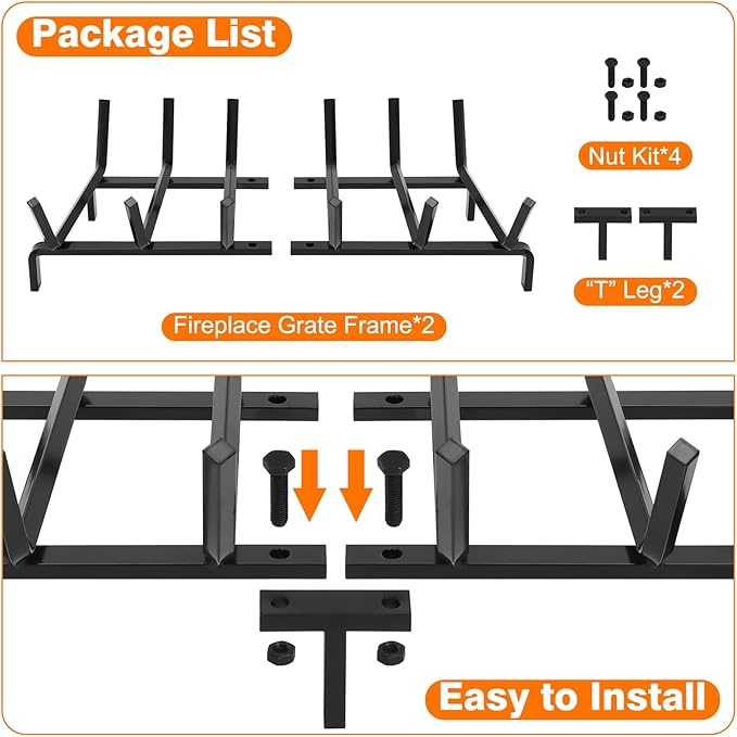 FEED GARDEN Fireplace Grate 24 inch Heavy Duty Fireplace Log Holder, 1/2" Solid Steel Bar Fire Pit Grate for Indoor Outdoor, Wood Stove Fireplace Accessories Wrought Iron Firewood Burning Rack