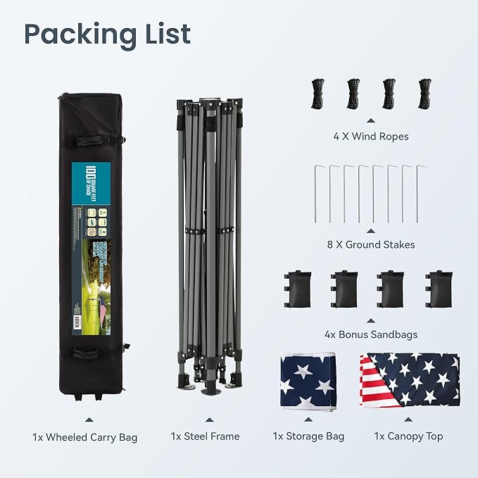 PHI VILLA 10x10 Pop Up Canopy Tent - One Push Setup, Instant Shade Tent with Vented Roof for Beach & Events - Includes Storage Bag, Sandbags, Stakes & Ropes (American Flag)
