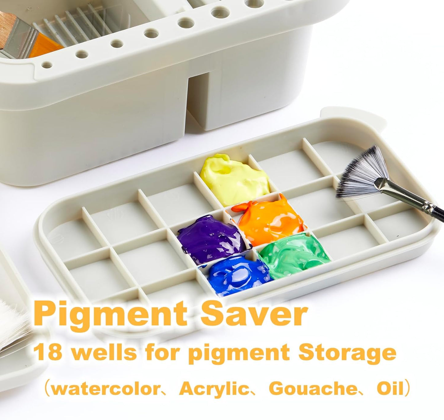 SEVENY Paint Brush Basin with Palette,Painting Art Supply Storage Organizer for Acrylic, Watercolor, and Water-Based Paints(Grey)