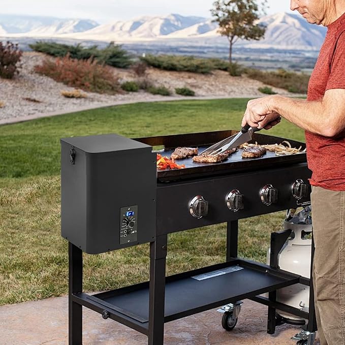 Electric Wood Pellet Smoker Grill Part, 250W 180℉ -500℉ Vertical Pellet Smoker Hopper Assembly Kit with Dual-Functional Wind Mechanism and LED Visual Feedback Screen