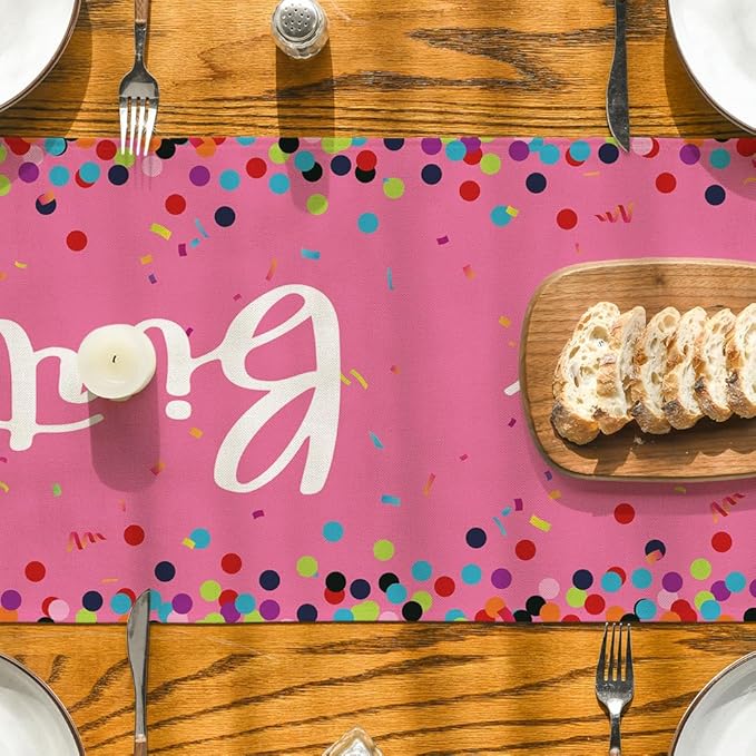 Artoid Mode Polka Dot Pink Happy Birthday Table Runner, Seasonal Kitchen Dining Table Decoration for Home Party Decor 13x36 Inch