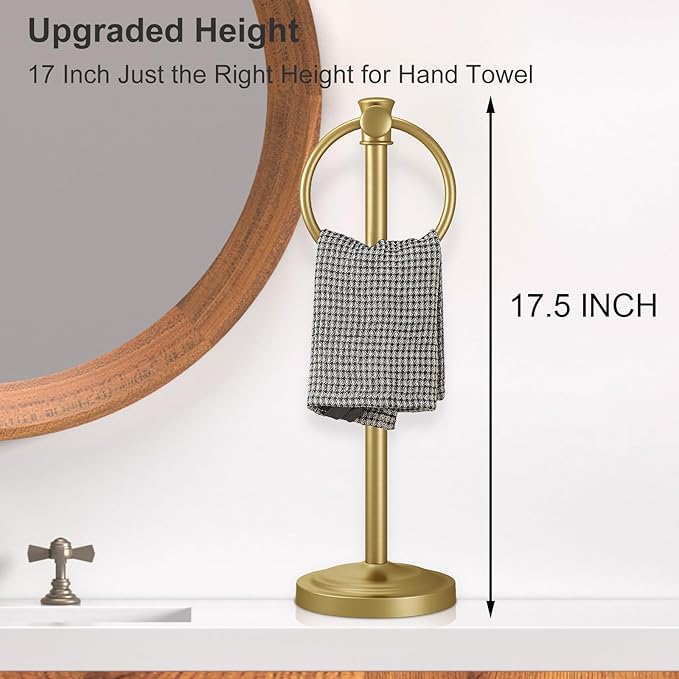 Hoimpro 17 Inch Stand Hand Towel Holder Towel Bar Towel Hanging Ring, Free Standing Floor Hand Towel Rack Storage for Bathroom Kitchen Vanity Countertops, Hardware Accessories(Brushed Gold)