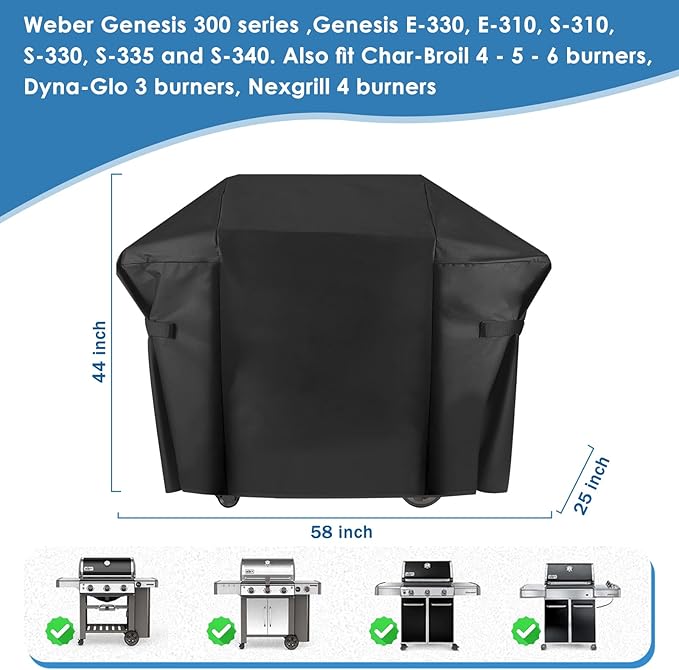 58" Grill Cover for Weber Genesis II, Genesis II LX 300 Series and Genesis 300 Series Gas Grills, Heavy Duty Waterproof UV and Fade Resistant Cover Replace Weber 7130, Outdoor BBQ Cover