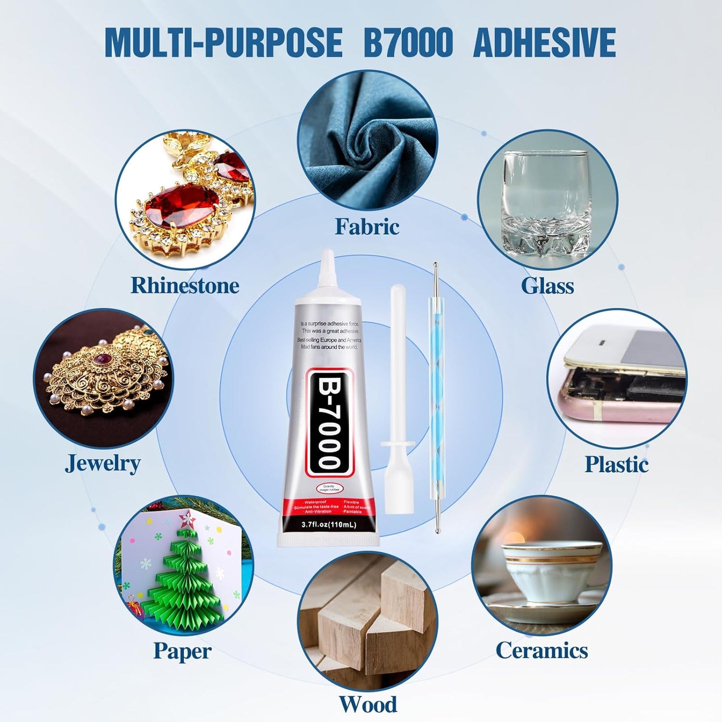 110 ml B7000 Adhesive for Crafts, Clear Glue with Spreaders and Dotting Pen Tool, Multipurpose for Rhinestones, Fabric, DIY, Makeup, Shoes, Jewelry Making, Nail Art