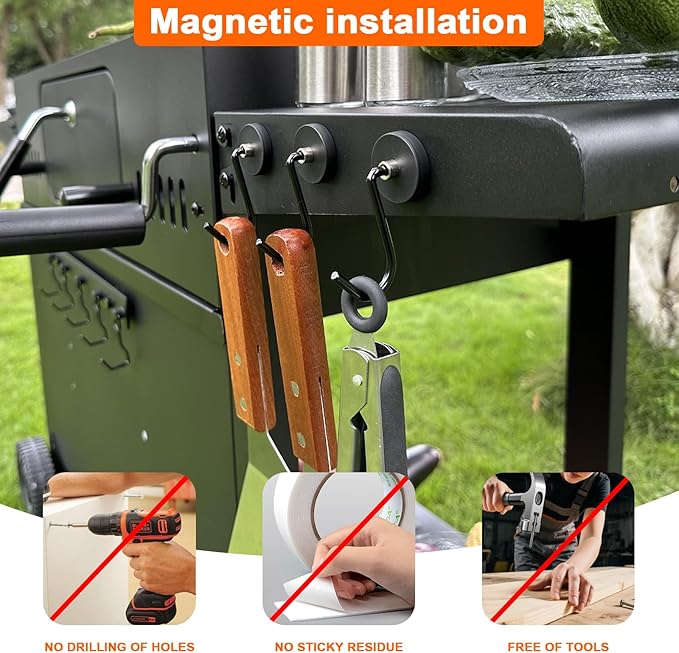 Magnetic Grill Hooks, Strong Magnetic Hook for Grill, Heavy Duty Magnet Hanger for Utensils, Powerful Magnet Hooks for BBQ Tools Refrigerator Toolbox Locker Kitchen Office, 4 Pack
