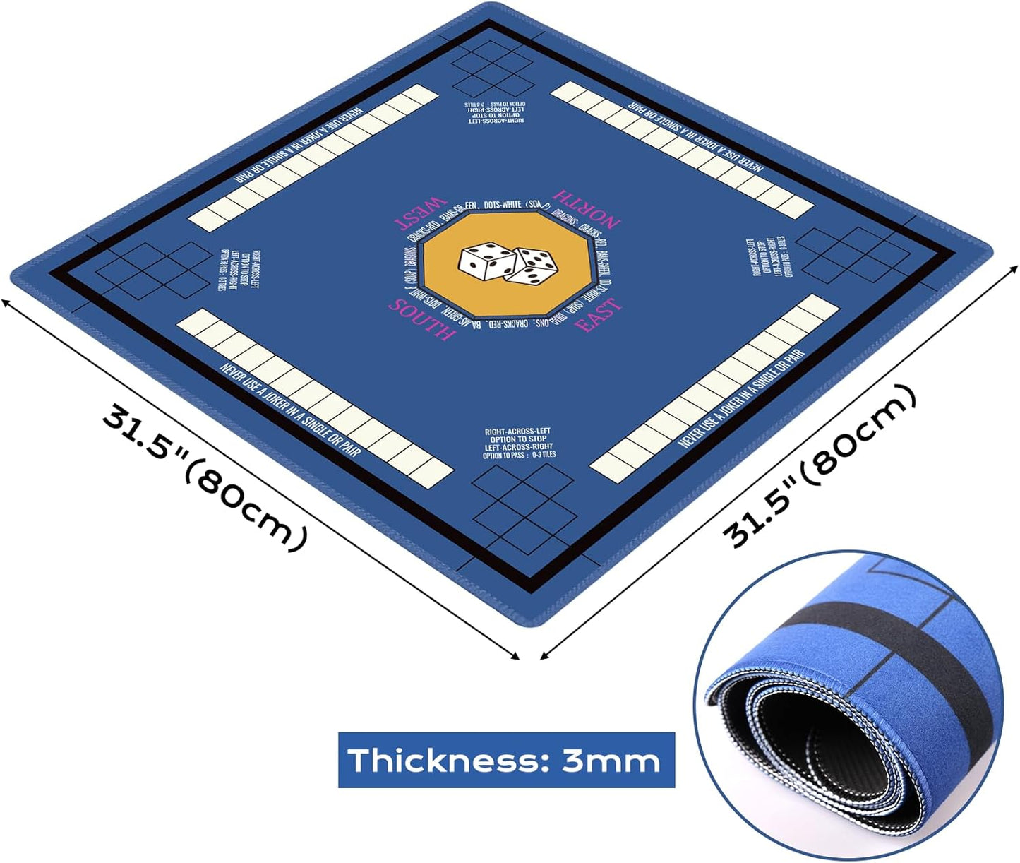 Mahjong Mat for Table 31.5''x31.5'', Non-Slip Mahjong Cloth Cover with Game Rules, Mahjong Tablecloth for Poker, Board Games Table Mat, Card Games, Tile Games, Dominoes (Blue)
