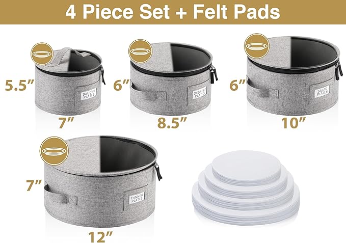 Set of 4 China Storage Cases for Dinnerware - Hard Shell and Stackable - Sizes: 12" - 10" - 8.5" and 7" W - 48 Plate Separators Included