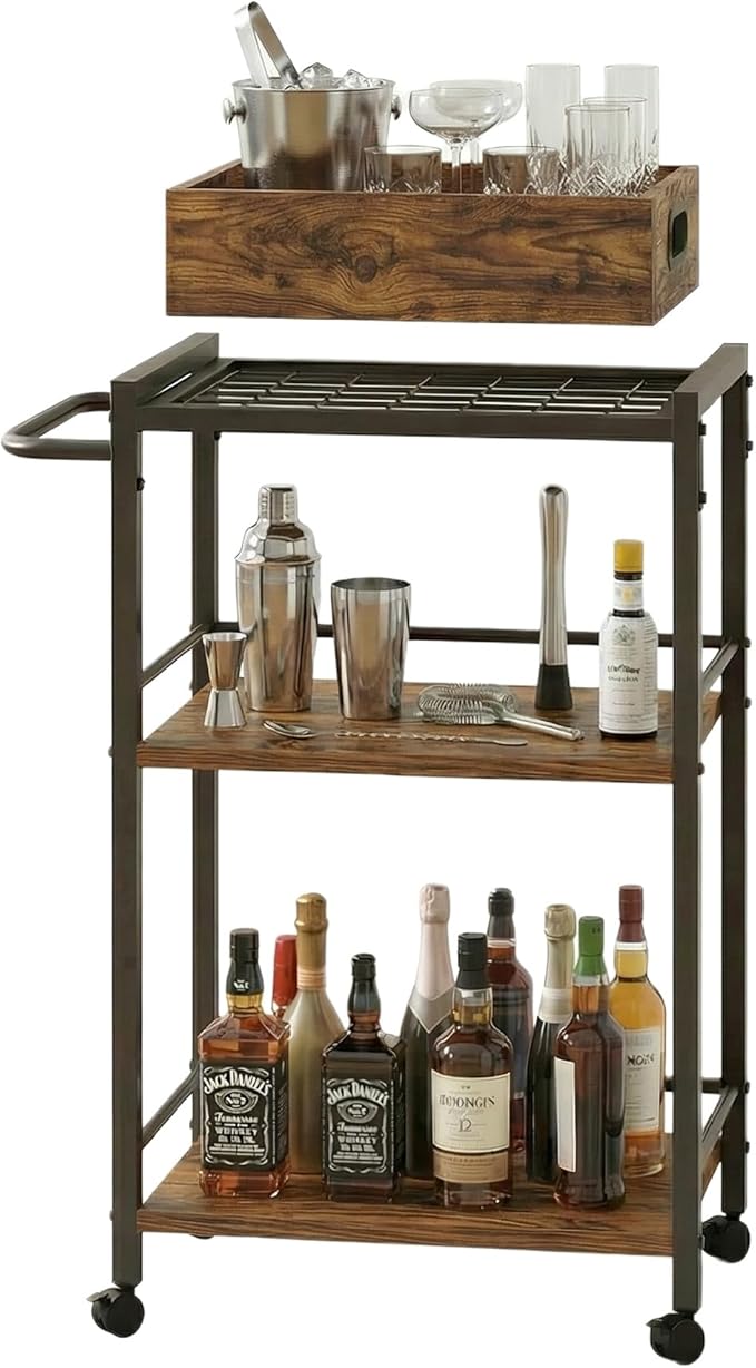 3-Tier Bar Cart for The Home, Rolling Cart with Wheels and Handle, 3-Tier Serving Cart with Removable Tray, Kitchen Carts on Wheels with Storage
