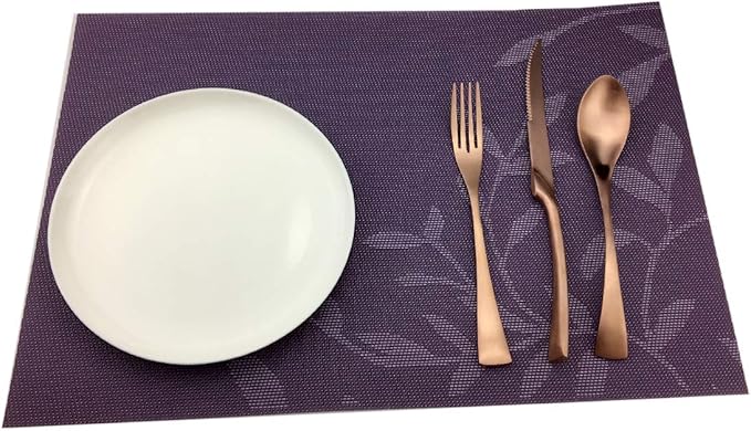 Gugrida Place Mats PVC Set of 6, Table Placemats Set of 6 PVC Woven Vinyl Place Mats Table Mats Natural Color (6 pcs, Purple Leaves)