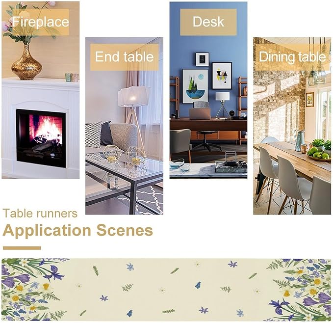Wildflowers Table Runner,Spring Purple Floral Summer Seasons Daisy Flower Print Kitchen Dining Table Decoration for Home Farmhouse Party 13x108in