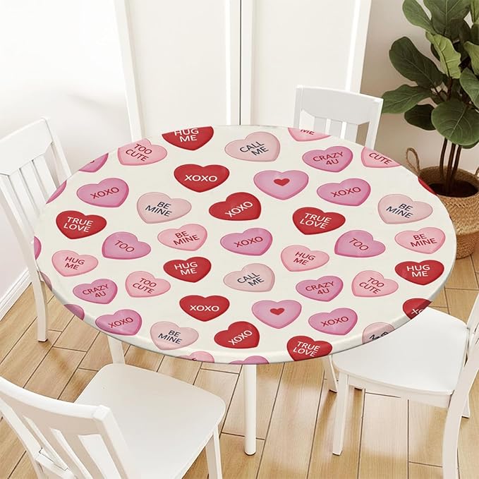 Valentines Day Round Fitted Tablecloth with Elastic Pink Red Love Hearts Circle Table Cloth for 44-48" Round Tables Wipeable Waterproof Valentines Decorative Table Cover for Picnic Dining Party Decor