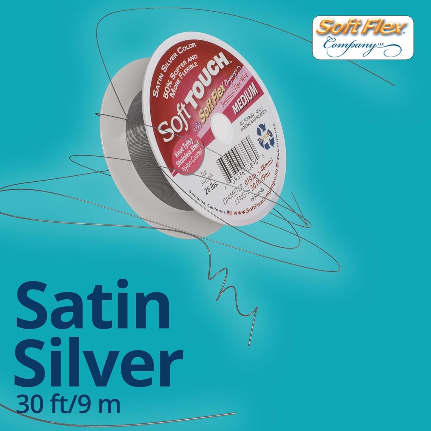 Soft Flex 49 Strand Stringing Wire - Flexible Braided - Medium 0.19 Diameter - Jewelry Making Bead Wire - Satin Silver