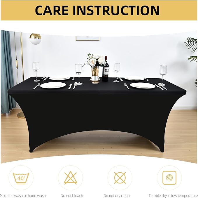 10-Pack 8ft Black Spandex Table Covers for Rectangle Folding Tables - Washable Elastic Tablecloth - Ultimate Fitted Table Protector for Parties, Trade Shows, Banquet, and Wedding