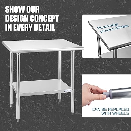 Hally Stainless Steel Table for Prep & Work 24 x 36 Inches, NSF Commercial Heavy Duty Table with Undershelf and Galvanized Legs for Restaurant, Home and Hotel