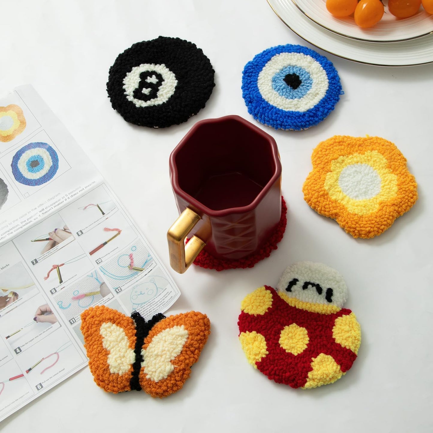 Anidaroel Punch Needle Coaster Kit, Punch Needle Kits for Adults Beginners Include 6 Pattern Tufted Coasters with Adhesive Felt Yarns, Hoops, Tools, Coaster DIY Needle Punch Craft