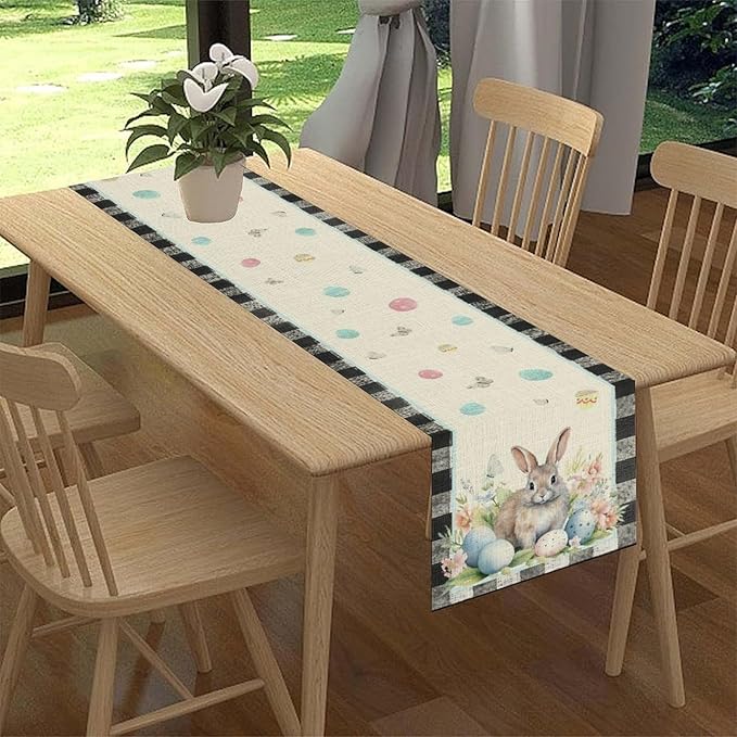 Easter Table Runner,Vinatge Black Plaid Rabbit Easter Eggs Butterflies Floral Spring Table Center Decor for Family Kitchen and Living Room Outdoor Farmhouse Party Table Decorations, 13"x36"