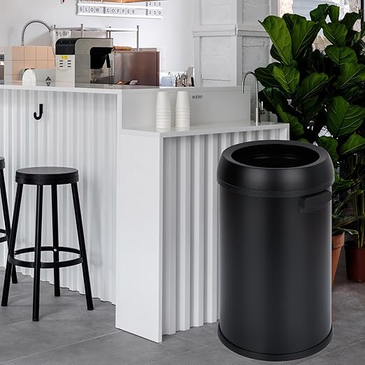 GarveeHome 17 gal/65 L Open Top Trash Can, Stainless Steel Rubbish Bin, Commercial Grade Waste Container, Round Garbage Can for Outdoor, Home Office, Restaurant, Black