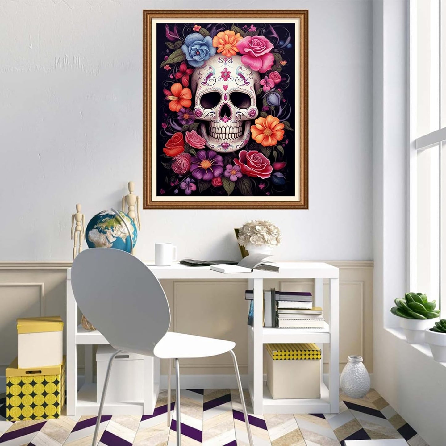 Disnesart Cross Stitch Stamped Full Embroidery Kits DIY 11CT Cotton Thread Printed DIY Needlepoint Kits Craft Needlework Set Cross-Stitch Stamped Sets- Colorful Flower Skull 16x20 inch