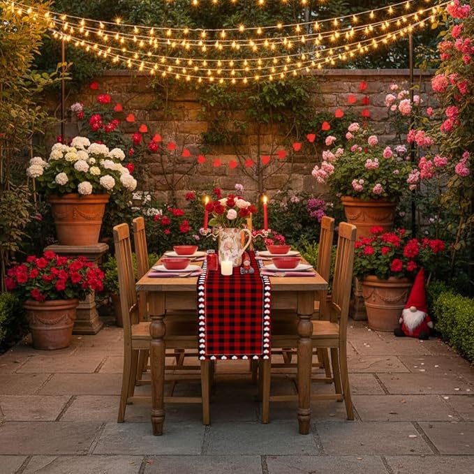 Valentine’s Day Love Heart Red Black Buffalo Plaid Table Runner 13x36 Inch Seasonal Holiday Kitchen Dining Tabletop Runners for Anniversary Mantel Party Indoor Outdoor Decoration