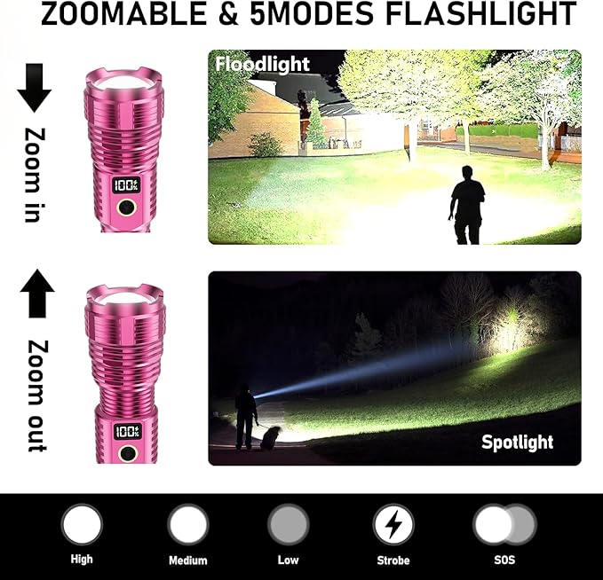 Flashlights High Lumens Rechargeable, LED Super Bright Flash Light Long Beam, Zoomable Linternas with LCD Digital Display, 5 Mode, Waterproof, Powerful Tactical Flashlight for Emergencies Camping Gift