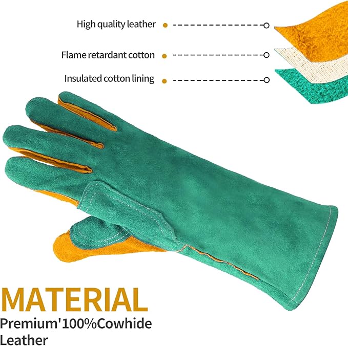 Leather Welding Gloves - Thick Premium Cow Split Leather, Heat Resistant, Welding, Grilling, BBQ & Fireplace