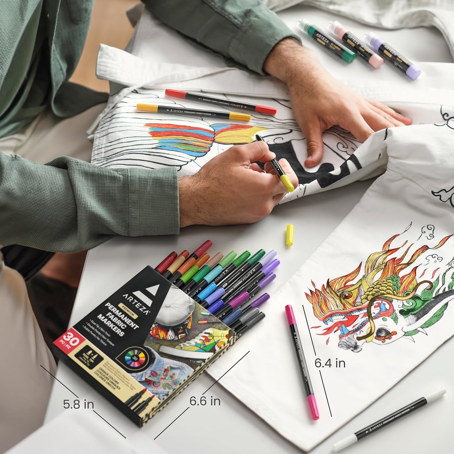 ARTEZA Fabric Markers, Set of 30, Colored Permanent Textile Markers, Dual-Tip Pens for Coloring T-Shirts, Jeans, Jackets, Backpacks