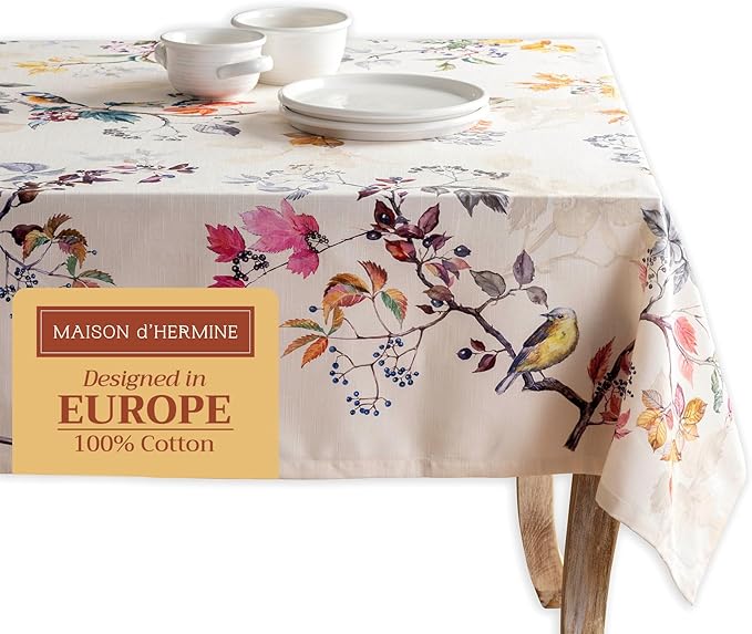 Maison d' Hermine Table Cloth Rectangle Table 100% Cotton 60 x 108 Inches Fall Tablecloth Reusable Everyday Use for Thanksgiving Christmas Decorations Dining Farmhouse Party (Equinoxe - Beige)