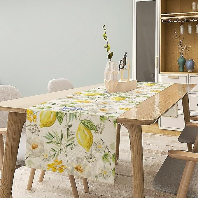 Vintage Lemon Blossom Table Runner Seasonal Spring Summer Floral Farmhouse Dining Table Decoration for Home Holiday Party Dresser Kitchen Cabin Restaurant Wedding Decor 13×90in