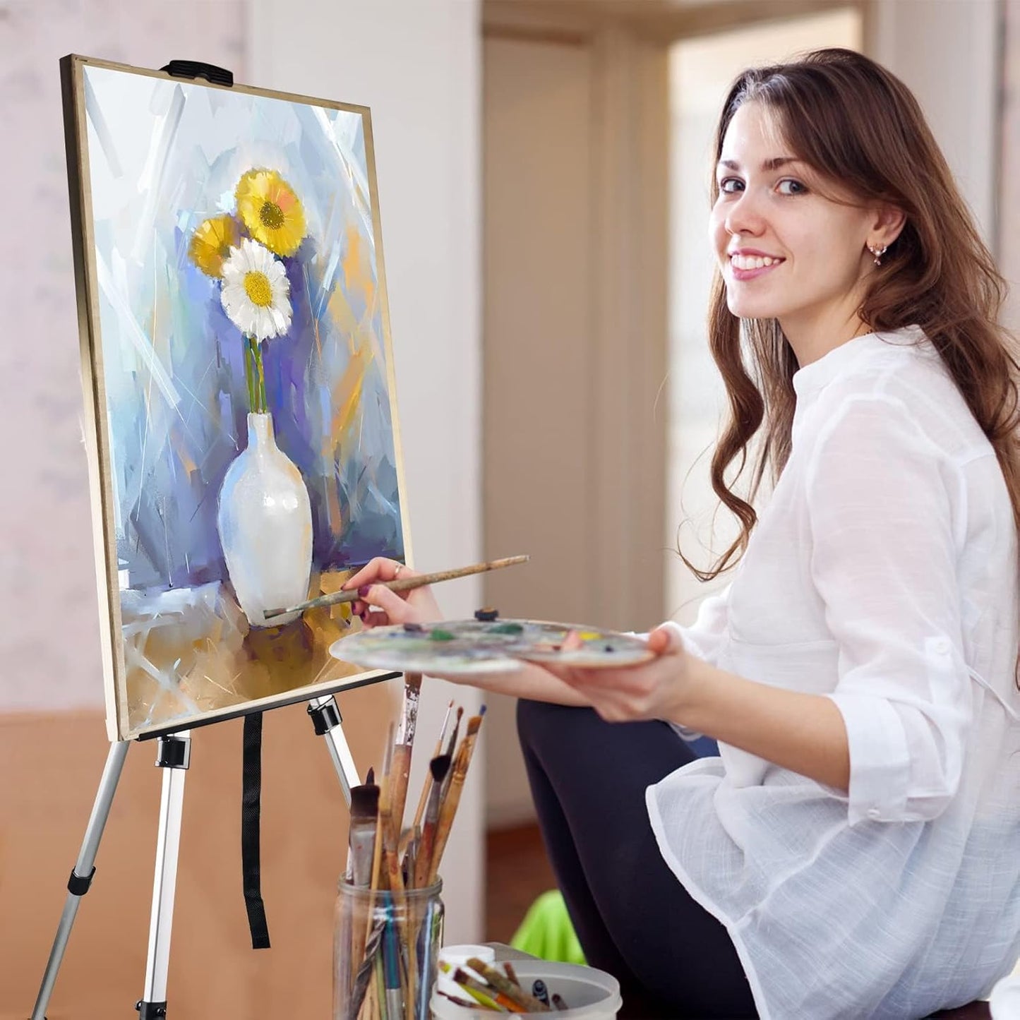 Art Artist Easel Stand for Painting,Portable Adjustable Easels for Painting Canvases Height from 17 to 66 Inch - Carry Bag for Table-Top/Floor Displaying and Wedding Sign,White