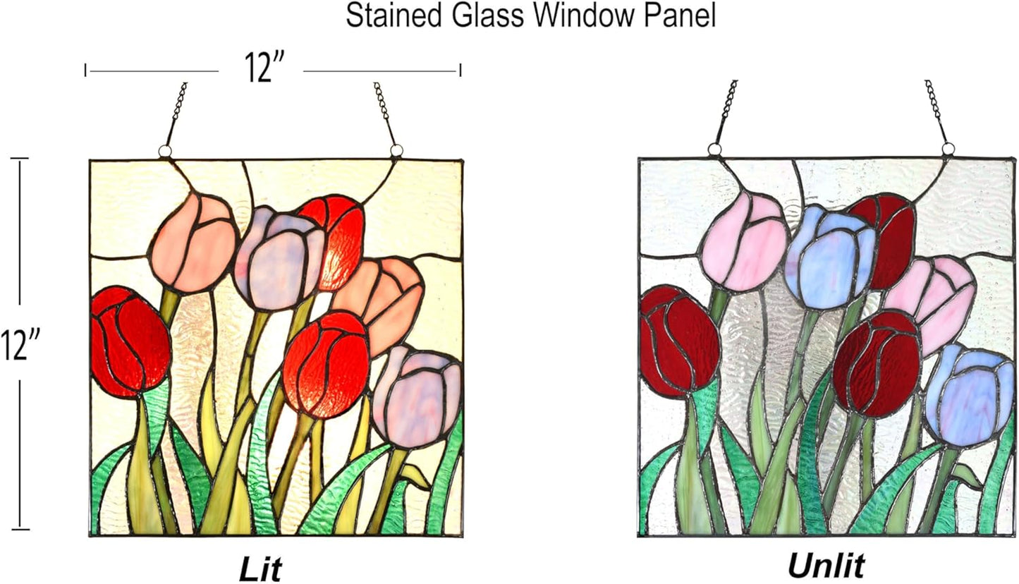 PA0004 Stained Glass Hanging Panel-12 Wx12 H Window Suncatcher Tiffany Style Window Ornament,Tulip Home Hanging Decorations