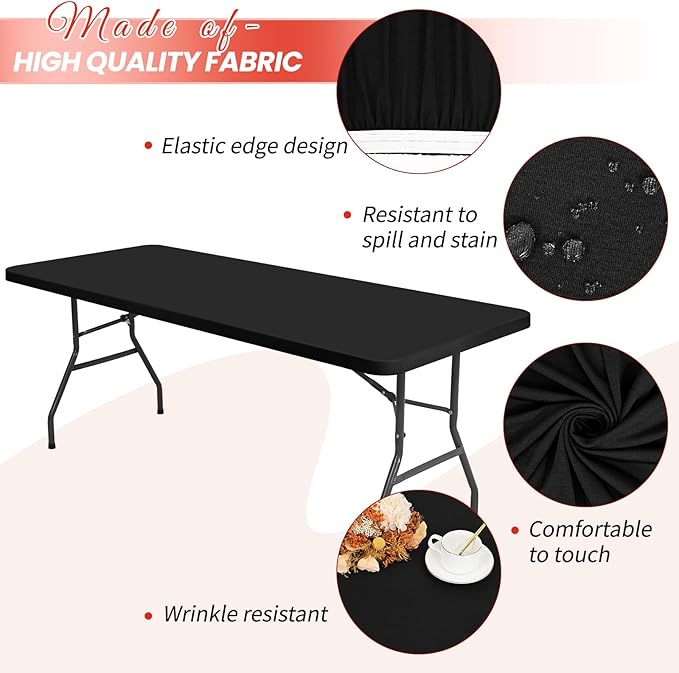 10 Pack Stretch Fabric Table Top Cap Cover, fits 8Ft Tables, Spandex Table Covers Washable Elastic Universal Rectangle Tablecloth Protector for Indoor Outdoor Party Picnic Wedding, Black,30" W x 96" L