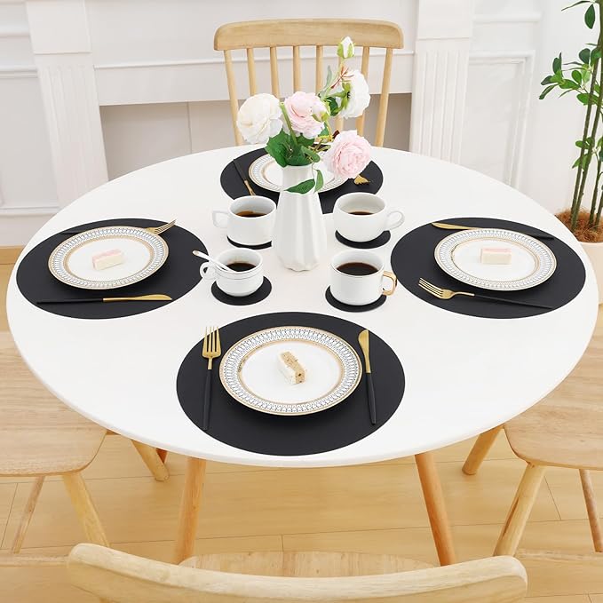 Homaxy Round Faux Leather Placemats and Coasters, Washable Dual-Side Table Mats, Wipeable Heat-Resistant Dining Place Mats for Outdoor and Indoor, Set of 8, Diameter 13 and 3.93 inch, Black