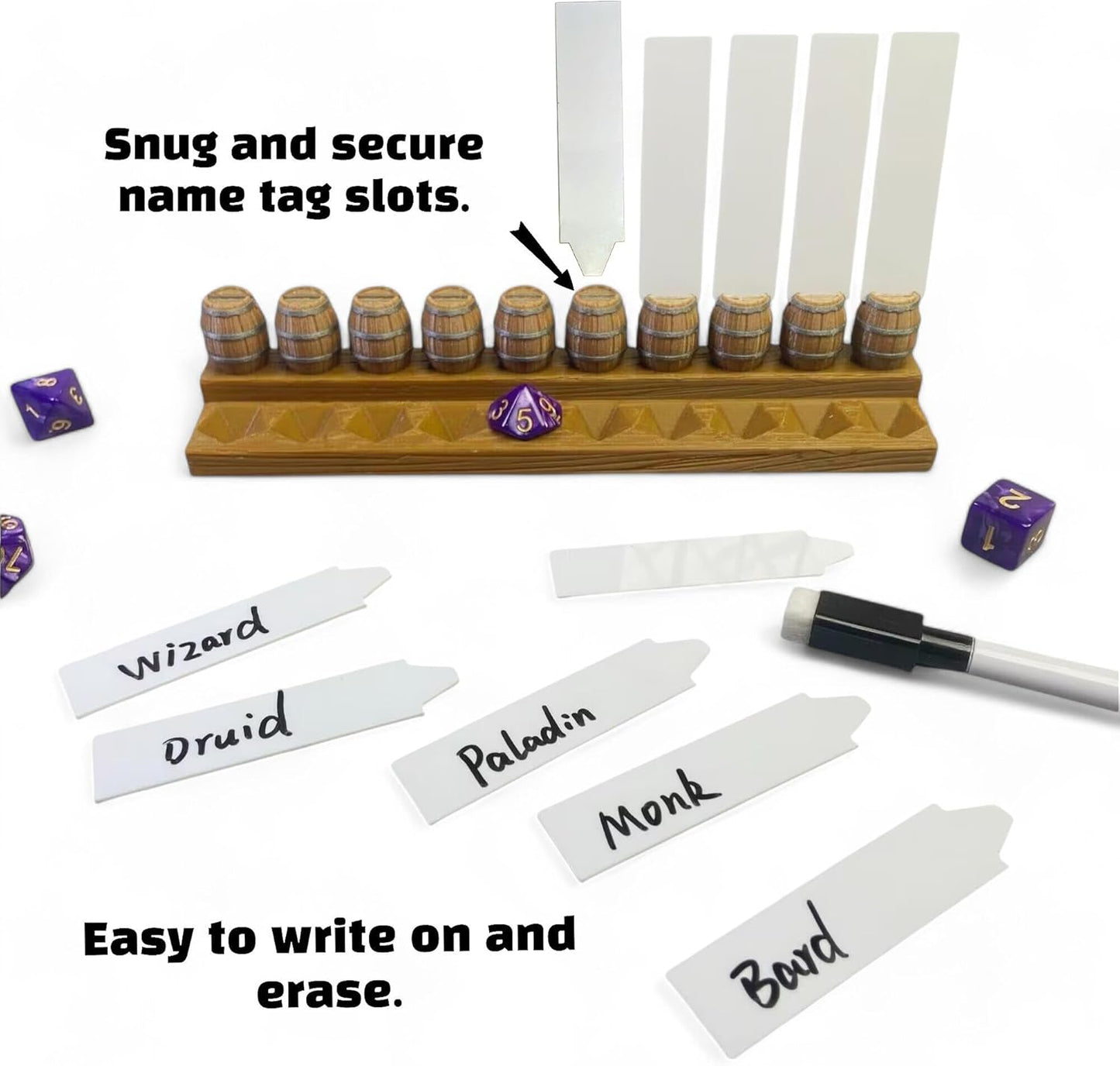 Initiative Tracker with 10 Barrel Slots, Erasable Name Tags, and Dice for Tracking Order. Ideal for DND and Other TTRPGs Brown with Silver