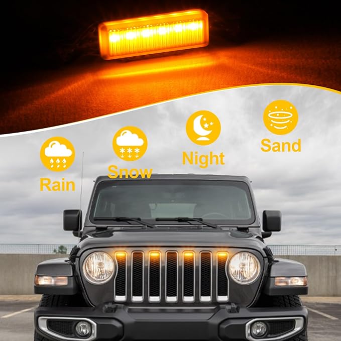 Led Grill Grille Lights fit for 2019 2020 2021 2022 2023 Jeep Wrangler JL JLU Rubicon Sahara Sport Front Grille Grills Light Front Headlights Wrangler JL Jlu 2018-2023 4Pcs Amber Led (Amber JL 4P)