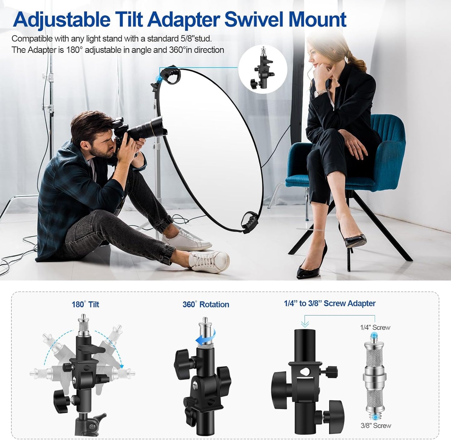 WELLMAKING 32''(80cm) Photography Reflector Dual Handle Collapsible 5-in-1 with Tilt Adapter Reflector, White Portable Stand and Pouch for Studio & Outdoor Lighting-Translucent,Silver,Gold,White&Black