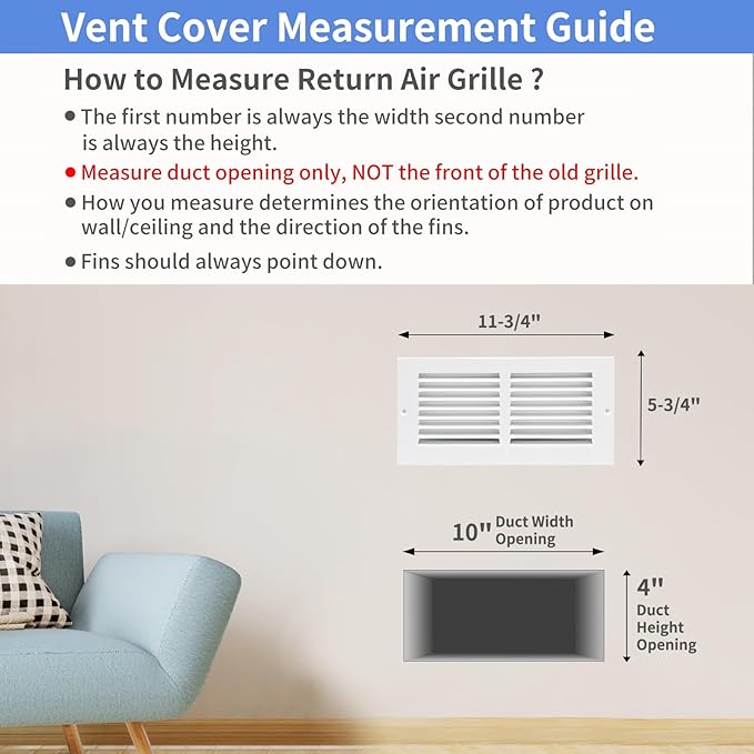10"W x 4"H [Duct Opening Size] Steel Return Air Grille, Air Return Vent Cover for Ceiling and Sidewall - HVAC Air Vent Covers - [Outer Dimensions: 11.75"W x 5.75"H]